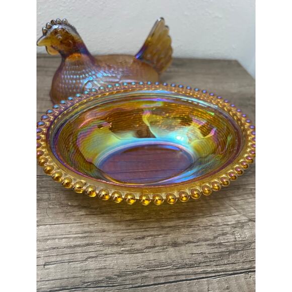 Indiana Glass Amber Iridescent Hen on Nest Dish Vintage Style Carnival Glass - Picture 3 of 16
